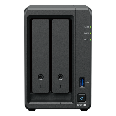 NAS Synology DiskStation DS725+ | 2 Bahías Exp. 7 | AMD Ryzen R1600 4T DDR4 ECC | 2×M.2 NVMe Caché | 2.5GbE | 276 MB/s | DX525 140TB | Active Backup | SKU DS725+