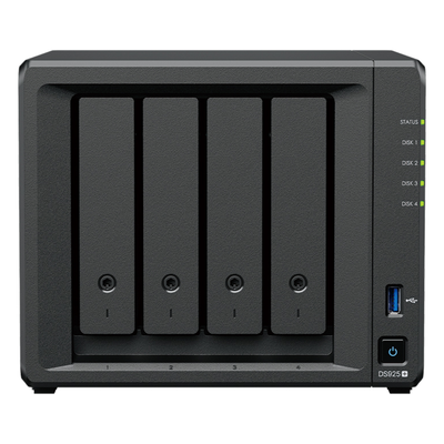NAS DiskStation DS925+ | 4 Bahías | Expandible a 9 Bahías | 2 Puertos 2.5GbE | 2 Ranuras M.2 NVMe | AMD Ryzen V1500B | 4 GB DDR4 ECC | Hasta 565 MB/s Escritura Secuencial | Compatible con RAID | Synology DSM.