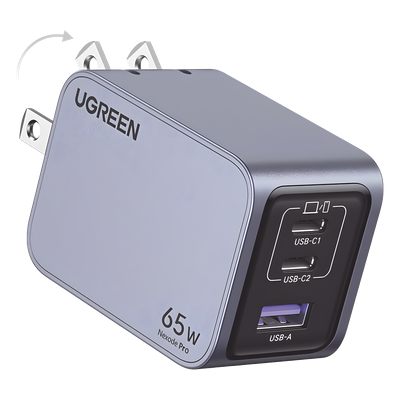 Cargador UGREEN Nexode Pro 65W GaN | 2 USB-C + 1 USB-A | PD 3.1 65W + QC 4.0 | MacBook Air Pro iPad Galaxy | GaNInfinity | Aluminio | Incluye Cable USB-C | SKU 25870