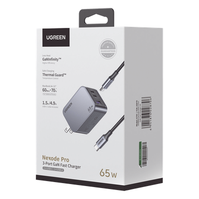 Cargador UGREEN Nexode Pro 65W GaN | 2 USB-C + 1 USB-A | PD 3.1 65W + QC 4.0 | MacBook Air Pro iPad Galaxy | GaNInfinity | Aluminio | Incluye Cable USB-C | SKU 25870