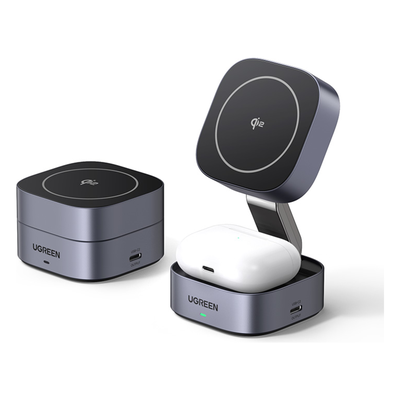 Cargador Inalámbrico 2 en 1 UGREEN 35316 | Qi2 15W Teléfono + Qi 5W Auriculares + USB-C 5W | 25W Total | Diseño Discreto para Escritorio Ejecutivo y Viaje | Cable USB-C Incluido | SKU 35316