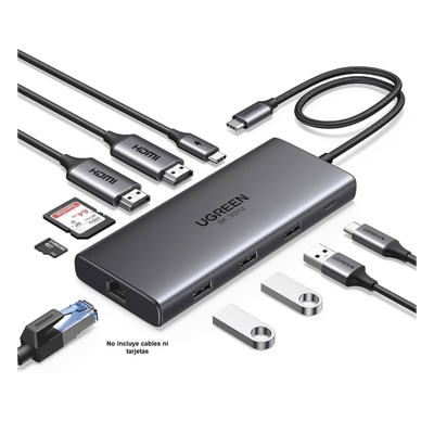 Hub USB-C 10 en 1 UGREEN Revodok Pro 210 15534B | Dual HDMI 4K@60Hz + 8K@30Hz | Triple Pantalla (Thunderbolt/USB-C MST) | PD 100W Passthrough | Ethernet Gigabit | SD+TF | 3×USB-A 3.0 | SKU 15534B