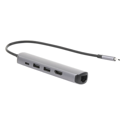 HUB USB-C (Docking Station) 5 en 1 | Ultra Delgado | 2 USB-A 3.1 a (5 Gbps) | HDMI 4K@60Hz | RJ45 (Gigabit Ethernet) | USB-C PD Carga Rápida 100W | Soporta OTG | Chips Inteligentes | Pequeño y Ligero | Caja de Aluminio.