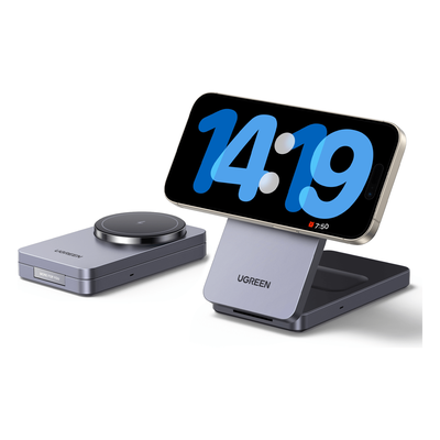Cargador Inalámbrico 2 en 1 UGREEN 45056 | Qi2 15W iPhone + 5W AirPods | MagFlow | Ángulo 70° Ajustable | Único Plegable del Catálogo | Viaje y Escritorio | Cable 1m | SKU 45056
