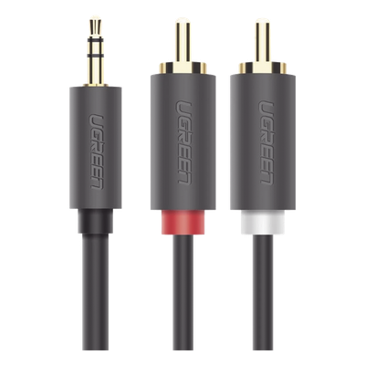 Cable Adaptador de 3.5mm Macho a 2 RCA Macho / 3 Metros (9.84 Pies) / Color Gris / Blindaje Múltiple / ABS / Alta Calidad