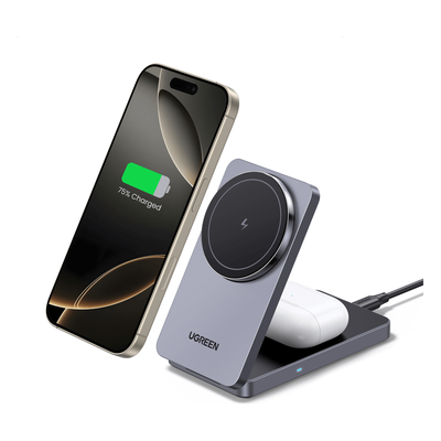 Cargador Inalámbrico 2 en 1 UGREEN 45056 | Qi2 15W iPhone + 5W AirPods | MagFlow | Ángulo 70° Ajustable | Único Plegable del Catálogo | Viaje y Escritorio | Cable 1m | SKU 45056