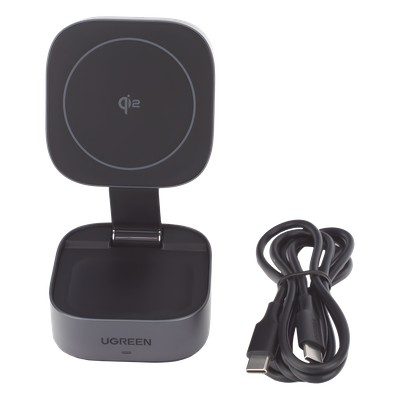 Cargador Inalámbrico 2 en 1 UGREEN 35316 | Qi2 15W Teléfono + Qi 5W Auriculares + USB-C 5W | 25W Total | Diseño Discreto para Escritorio Ejecutivo y Viaje | Cable USB-C Incluido | SKU 35316