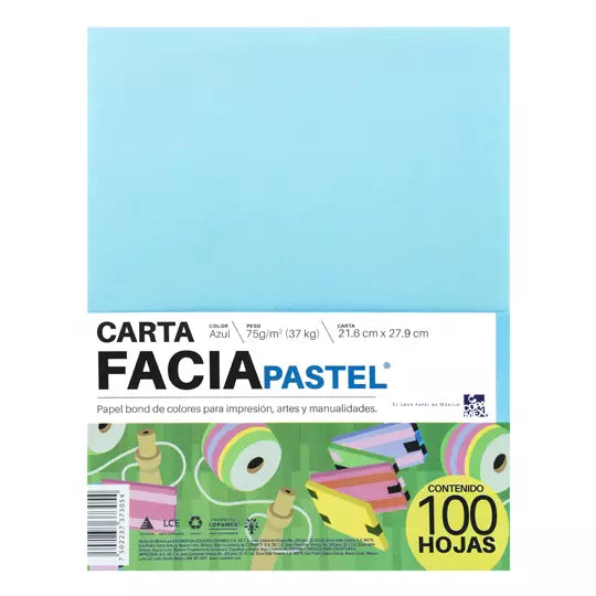 Paquete de hojas de color Facia Pastel tamaño carta color azul 75gr 100 hojas