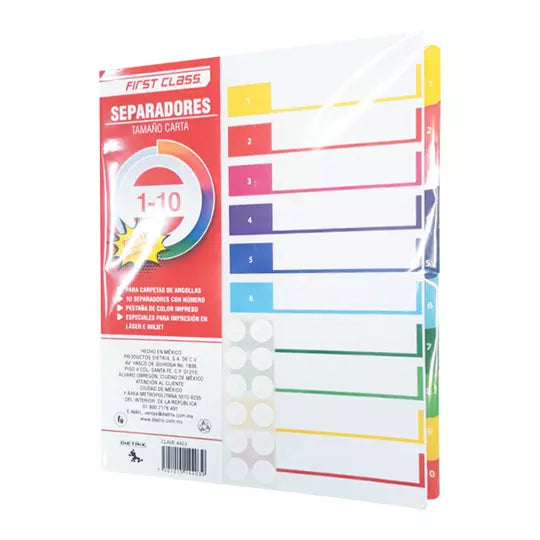 Separadores Dietrix tamaño carta del 1 al 10 pestañas de color impreso el numero
