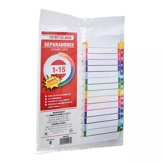 Separadores Dietrix tamaño carta del 1 al 15 pestañas de color