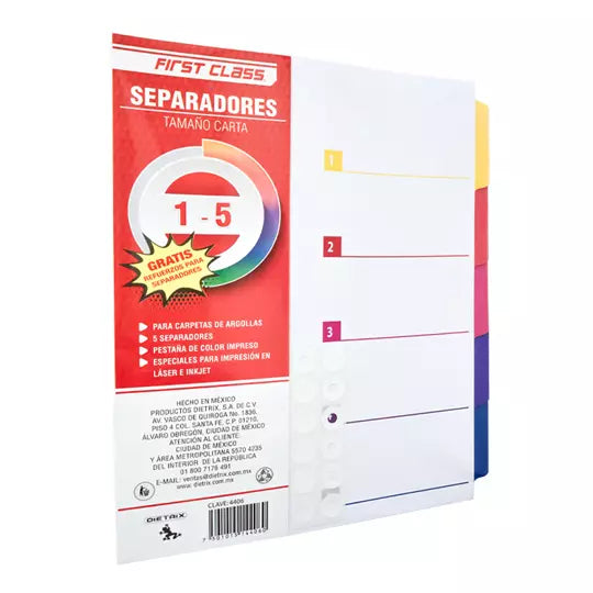 Separadores Dietrix tamaño carta del 1 al 5 pestañas de color