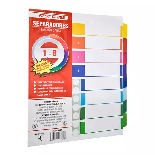 Separadores Dietrix tamaño carta del 1 al 8 pestañas de color