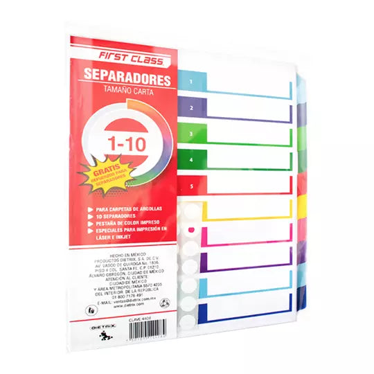 Separadores Dietrix tamaño carta del 1 al 10 pestañas de color