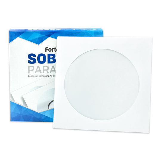 Sobre para CD y DVD FORTEC con ventan de celofan, solapa sin goma, color blanco tamaño CD c/50 piezas