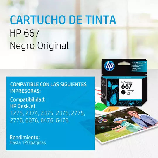 Tinta HP 667 Negro 3YM79AL | Original para HP Ink Advantage 6000 series, HP Ink Advantage 6400 series