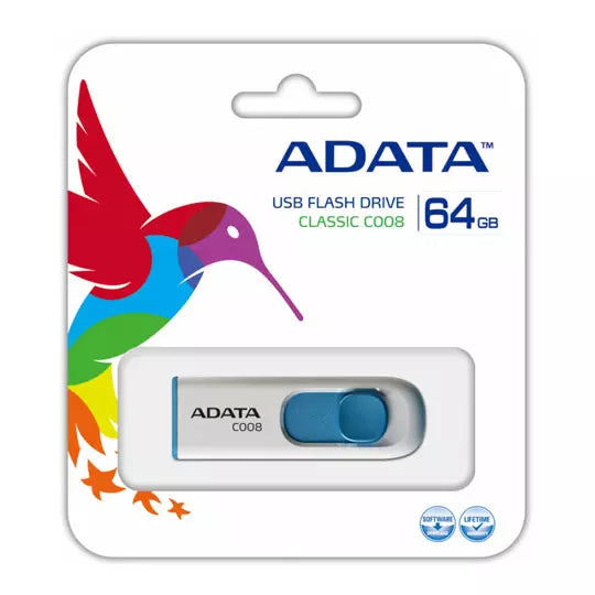 Memoria USB Adata C008, 64GB, USB 2.0, Color Azul/Blanco