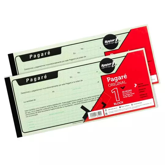 Pagare Rayter, 1/3 de carta, papel verde, block 50 hojas blíster con 2