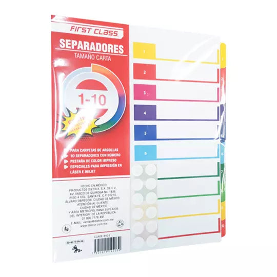 Separadores Dietrix tamaño carta del 1 al 10 pestañas de color impreso el numero