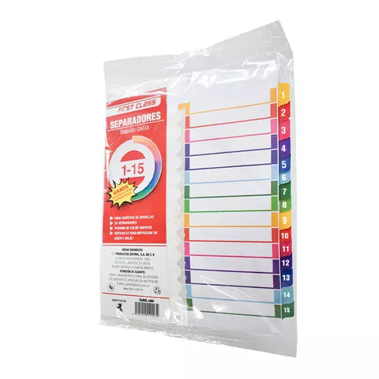 Separadores Dietrix tamaño carta del 1 al 15 pestañas de color