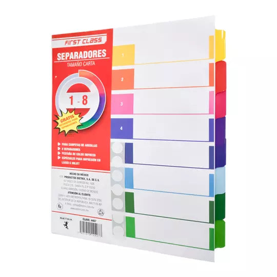 Separadores Dietrix tamaño carta del 1 al 8 pestañas de color