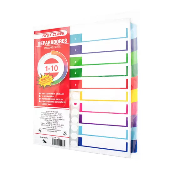 Separadores Dietrix tamaño carta del 1 al 10 pestañas de color