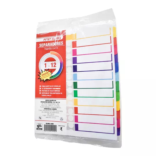 Separadores Dietrix tamaño carta del 1 al 12 pestañas de color