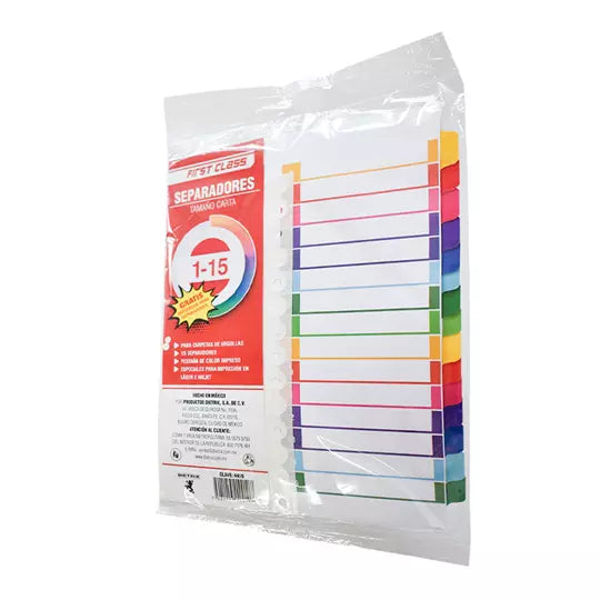 Separadores Dietrix tamaño carta del 1 al 15 pestañas de color
