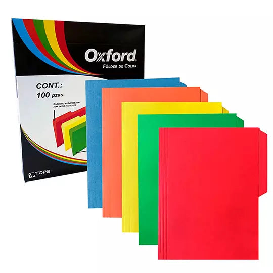 Folder de color Oxford carta colores surtidos ceja 1/2 caja con 100 pzas