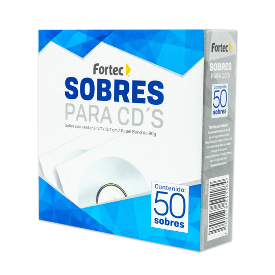 Sobre para CD y DVD FORTEC con ventan de celofan, solapa sin goma, color blanco tamaño CD c/50 piezas