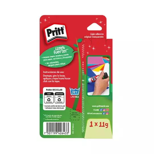 Lápiz adhesivo Pritt en barra de 11 grsblíster con 1 pieza