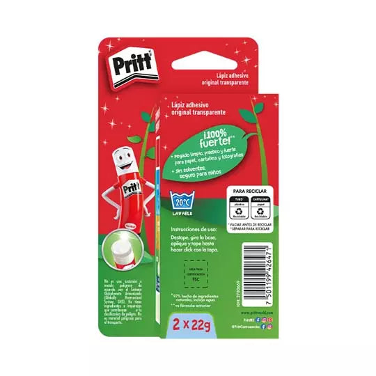 Lápiz adhesivo Pritt en barra de 22 grsblíster con 2 piezas