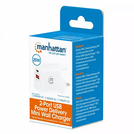 Cargador de Pared Manhattan 20W USB A 3.0, USB C, Blanco