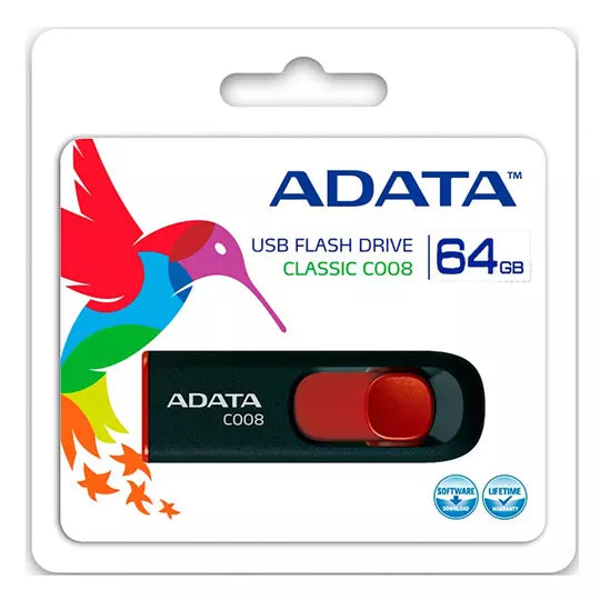 Memoria USB Adata C008, 64GB, USB 2.0, Color Negro/Rojo