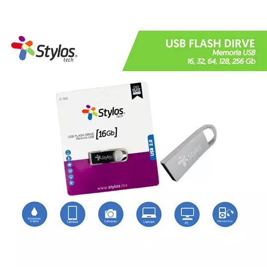 Memoria USB Stylos ST500, 32GB, USB 2.0,Plata