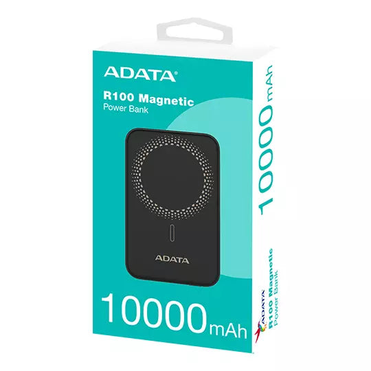 Power Bank ADATA R100 PR100-12BK | 10,000 mAh | Carga Inalámbrica Magnética MagSafe/Qi2 | QC/PD 20W | 3 Dispositivos Simultáneos | Soporte Plegable | Pass-Through | Negro | SKU PR100-12BK