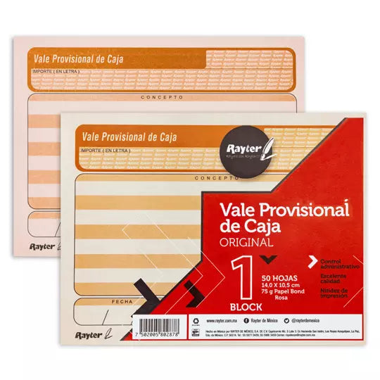 Vale provisional Rayter, tamaño 1/4 carta, color rosa, block 50 hojas