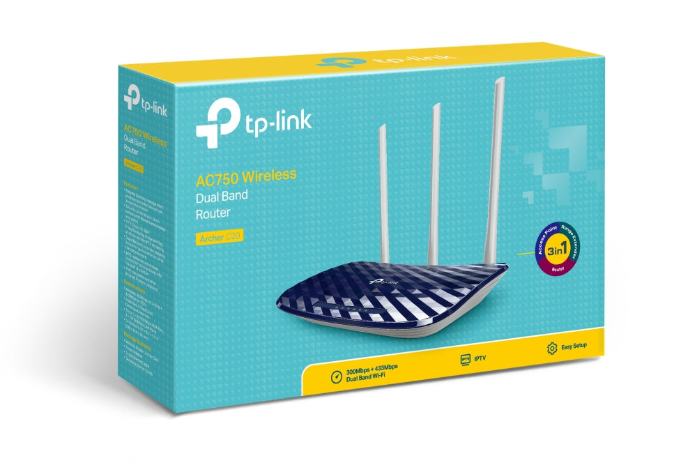 Router TP-Link Fast Ethernet de Banda Dual Archer C20 AC750, Inalámbrico, 433Mbit/s, 5x RJ-45, 2.4/5GHz, con 3 Antenas Externas