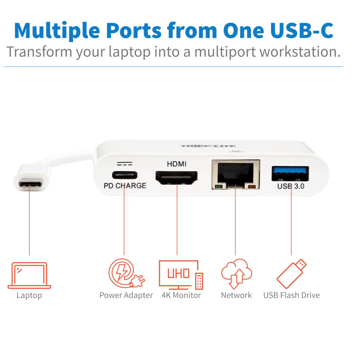 Hub Adaptador Tripp Lite U444-06N-H4GU-C, USB C Macho - 1x USB A/USB C/HDMI/RJ-45 Hembra, Blanco