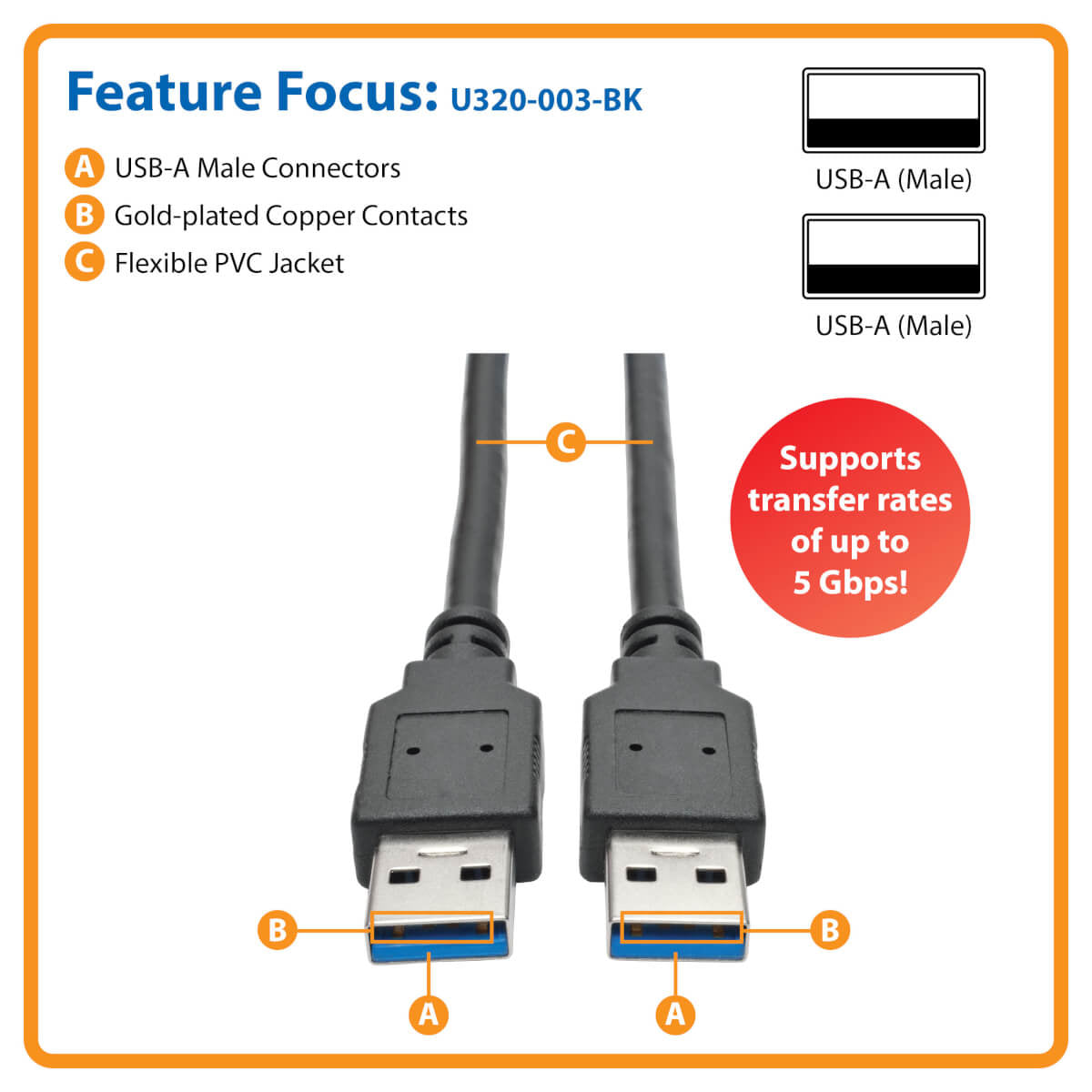 Cable Tripp Lite U320-003-BK, USB A Macho - USB A Macho, 90cm, Negro