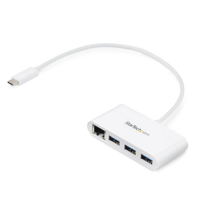 Concentrador USB 3.0 STARTECH, de 3 Puertos con USB-C y Ethernet Gigabit, y 1 puerto de red, color blanco
