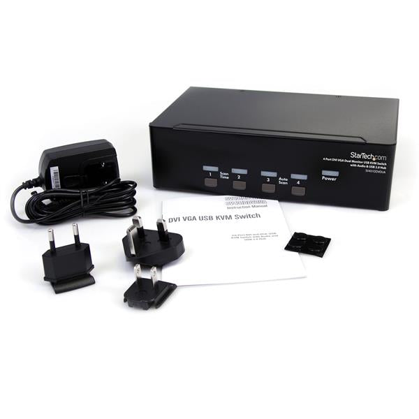 STARTECH CONSIG CONMUTADOR SWITCH KVM DE 4 PC PERP 2 PANTALLAS DVI VGA AUDIO USB