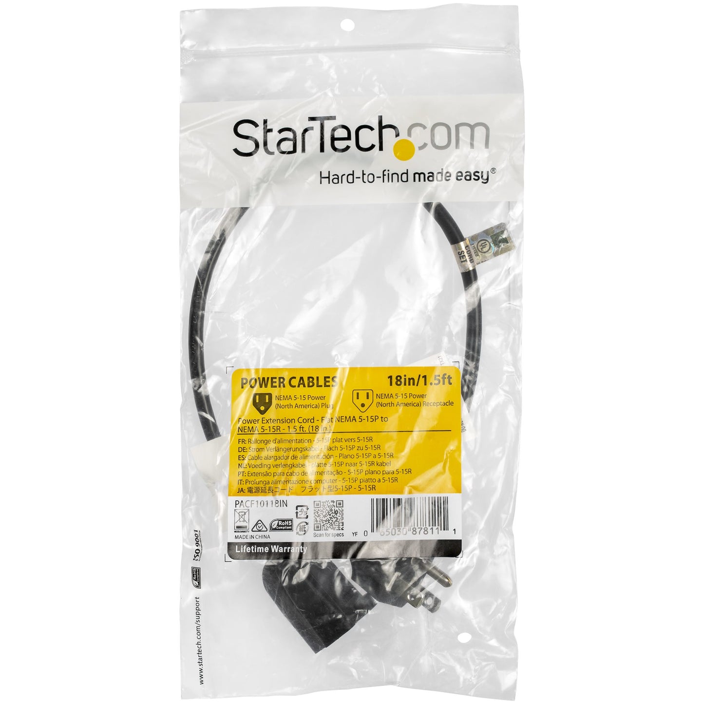 STARTECH CONSIG CABLE 0.45M DE EXTENSION PLANO CABL NEMA 5-15P A NEMA 5-15R