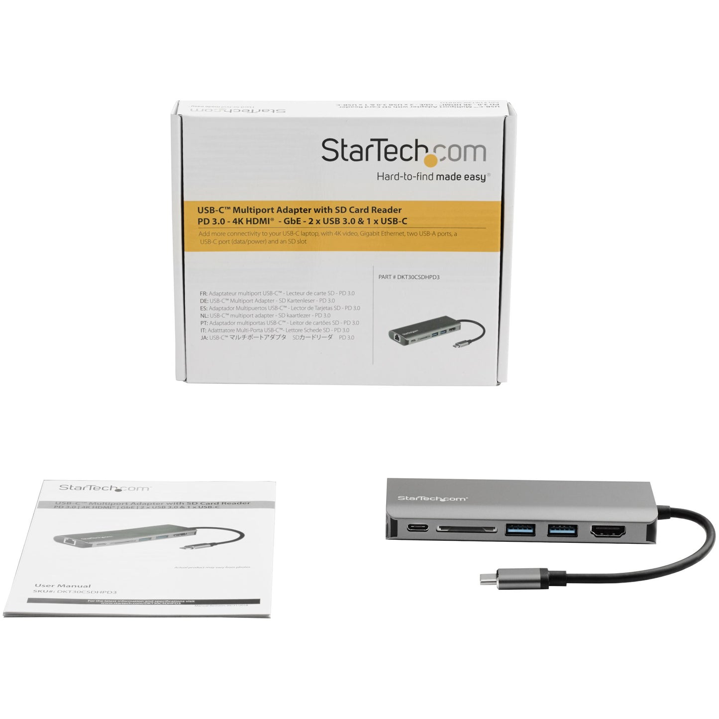 Adaptador multipuertos STARTECH USB C - Dock USB Tipo C a HDMI 4K - Hub 3x USB 3.0 - SD/SDHC - GbE - PD 3.0 60W - USB/TB3