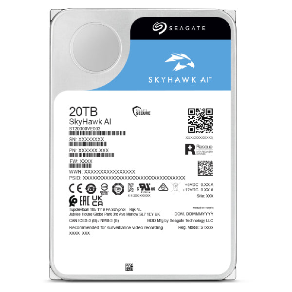 ST20000VE002 Disco Duro para Videovigilancia Seagate SkyHawk 3.5'', 20TB, SATA III, 6 Gbit/s, 7200RPM, 256MB Cache