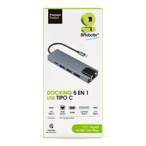 BRobotix Docking Station 5 en 1 USB C, 2x USB 3.0, 1x HDMI, 1x RJ-45, 1x USB C, Plata