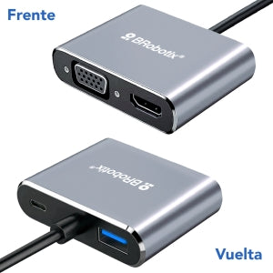 Hub Docking USB-C 4-en-1 Brobotix 6000687 | HDMI 4K + VGA + USB-A 3.0 + USB-C | Para Laptop y MacBook | Presentaciones con Monitor y Proyector | SKU 6000687
